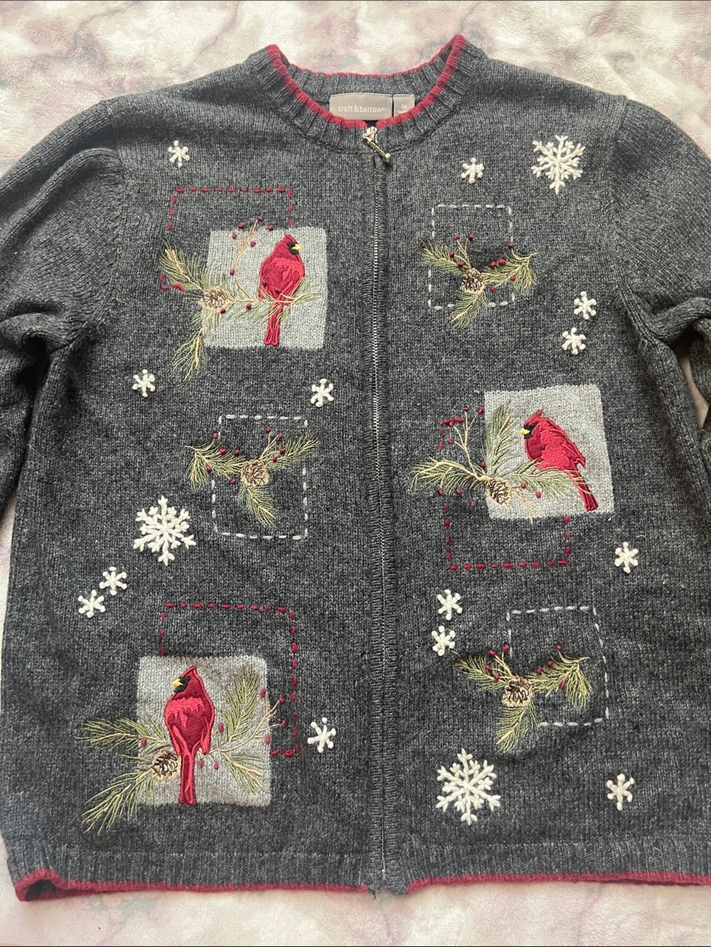 Coldwater Creek Charcoal Cardigan with Red Cardinal Embroidery